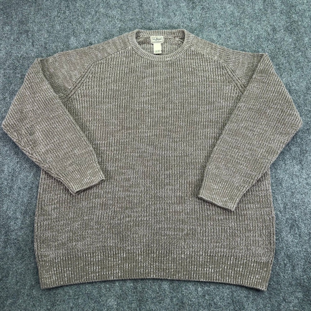 LL Bean Sweater Mens 2XLT Tall Brown Shaker Knit Crewneck Raglan Cotton Pullover